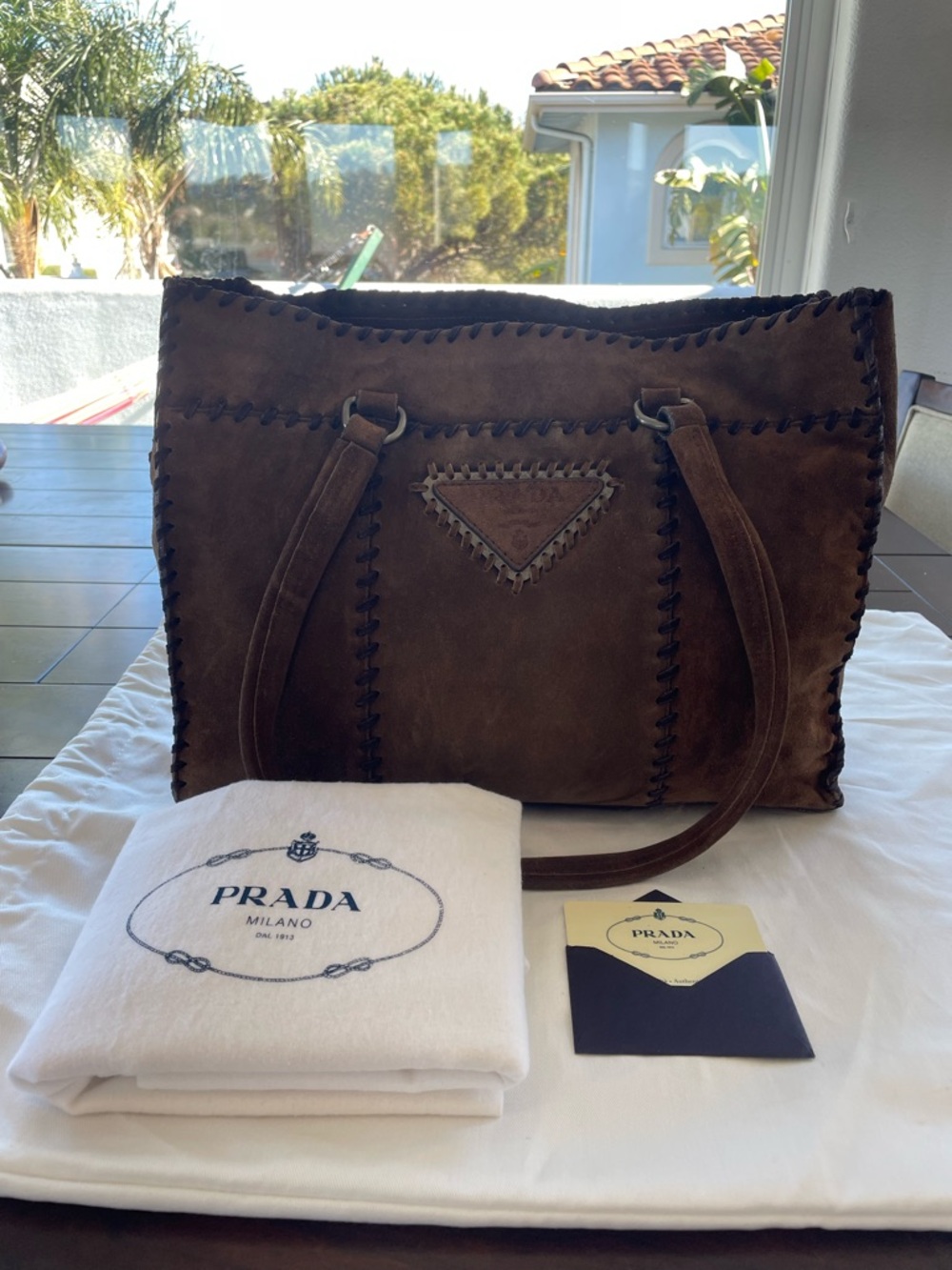 Vintage Rare Prada Scamosciato Suede Whipstich Shoulder Tote